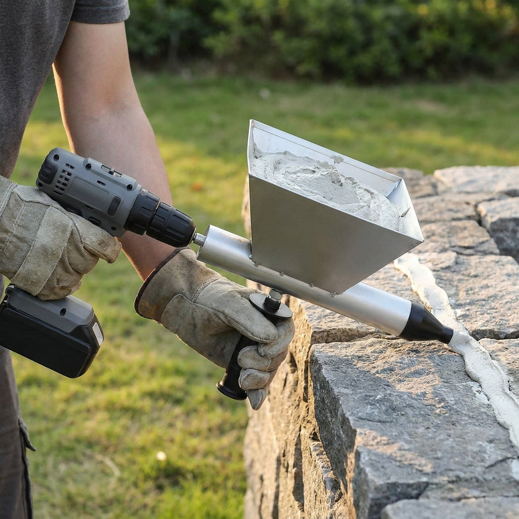 Mortar Grout Gun for Electric Drill – Caulking Gun Applicator with Steel Hopper & 4 Nozzles