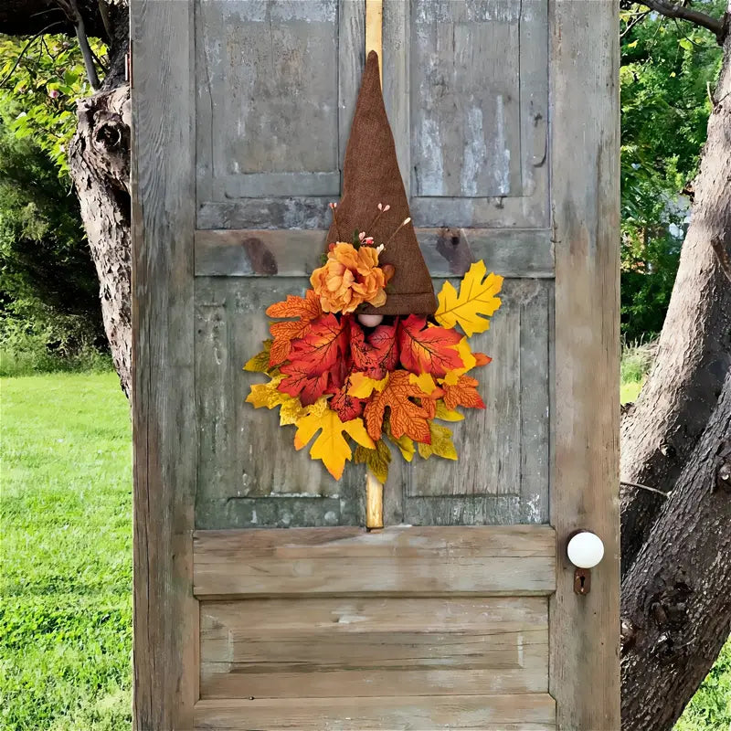 Siopsrl| Halloween Front Door Wreath | Fall Gnome & Maple Leaf Design | 16-Inch Rustic Decor