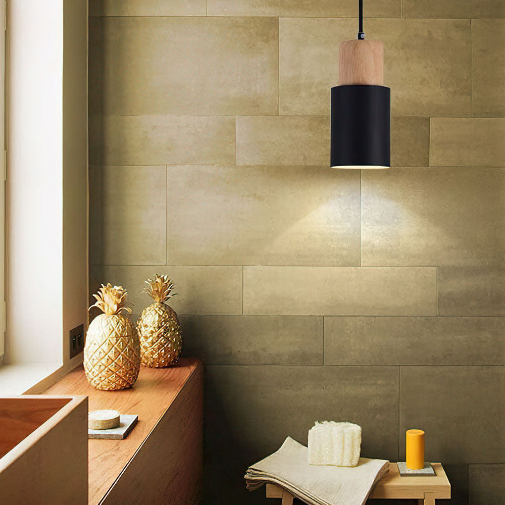 Siopsrl| Pendant Light Modern Wood Black Cylinder Fixture
