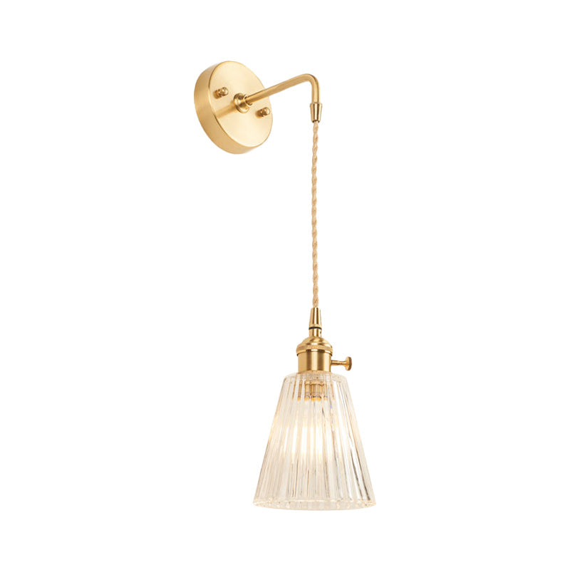 Siopsrl| A wall light with a bulb and conical shade made of clear, textured glass, industrial bedroom wall light fixture