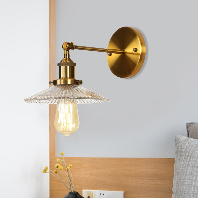 Siopsrl| 1 Light Transparent Textured Glass Wall Lamp Vintage Brass Tailored Bedroom Lighting Fixture