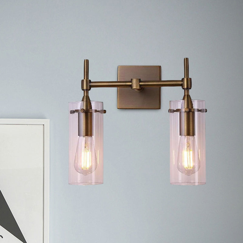 Siopsrl| Clear Glass Cylinder Wall Lantern Modern 2 Lights Dining Room Lighting Fixture in Patina Brass