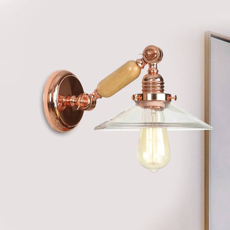 Siopsrl| 1 Light Clear Glass Wall Light Rustic Rose Gold Cone Living Room Lighting with Rotatable Arm