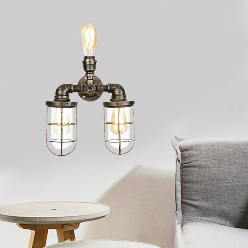 Siopsrl| 3 Heads Water Pipe Wall Mounted Light with Cage Shade Nautical Design Antique Brass Iron Wall Lighting