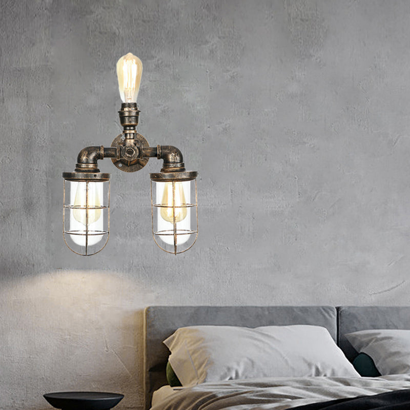 Siopsrl| 3 Heads Water Pipe Wall Mounted Light with Cage Shade Nautical Design Antique Brass Iron Wall Lighting