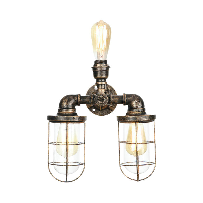 Siopsrl| 3 Heads Water Pipe Wall Mounted Light with Cage Shade Nautical Design Antique Brass Iron Wall Lighting