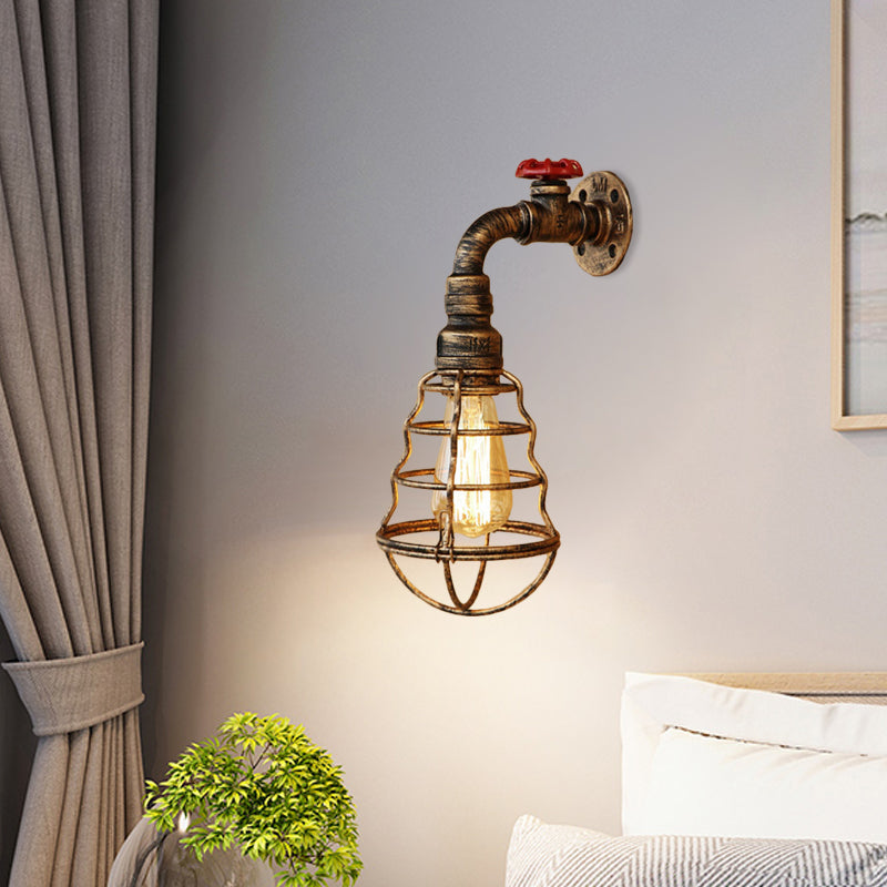 Siopsrl| 1 head cage bulb-shaped wall lamp farmhouse style antique bronze iron wall light with valve wheel