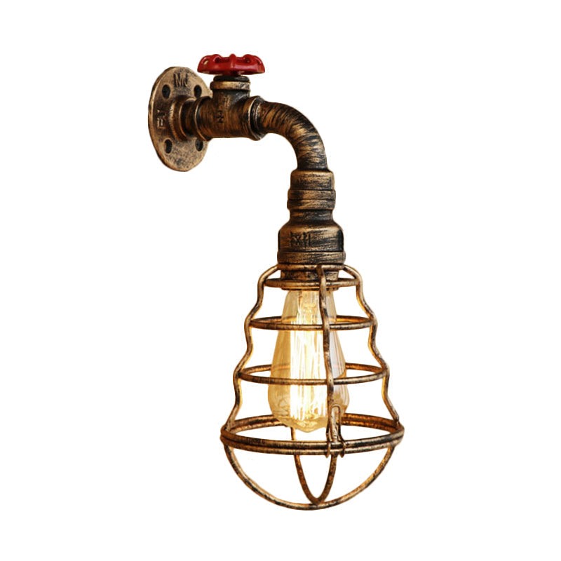 Siopsrl| 1 head cage bulb-shaped wall lamp farmhouse style antique bronze iron wall light with valve wheel