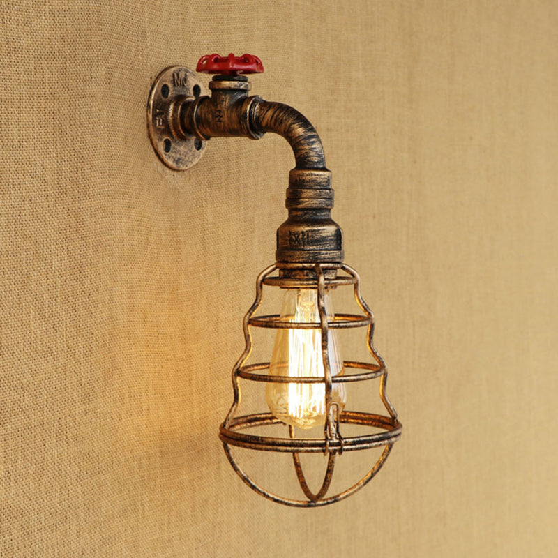 Siopsrl| 1 head cage bulb-shaped wall lamp farmhouse style antique bronze iron wall light with valve wheel