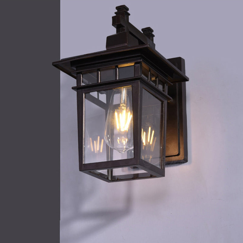 Siopsrl| Lantern Clear Glass Wall Hanging Lamp Industrial Single Bulb Veranda Wall Light in Black