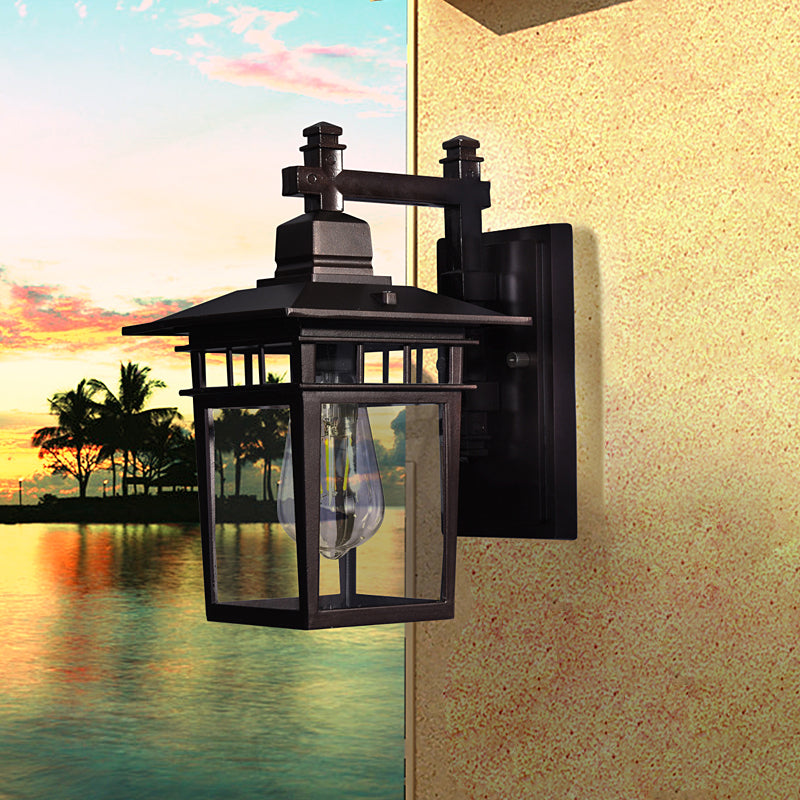 Siopsrl| Lantern Clear Glass Wall Hanging Lamp Industrial Single Bulb Veranda Wall Light in Black