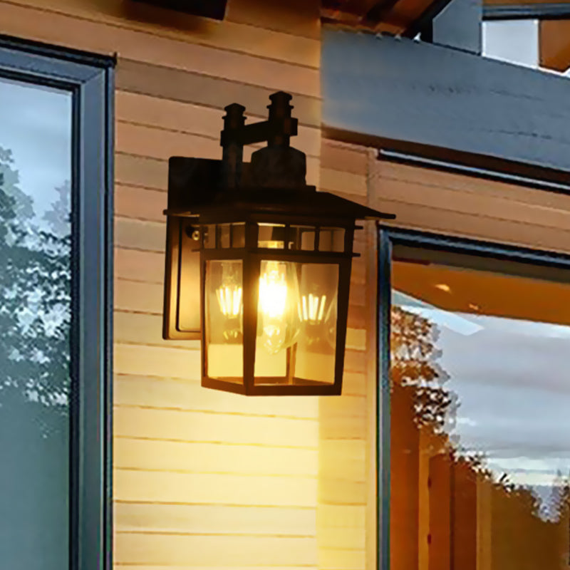 Siopsrl| Lantern Clear Glass Wall Hanging Lamp Industrial Single Bulb Veranda Wall Light in Black