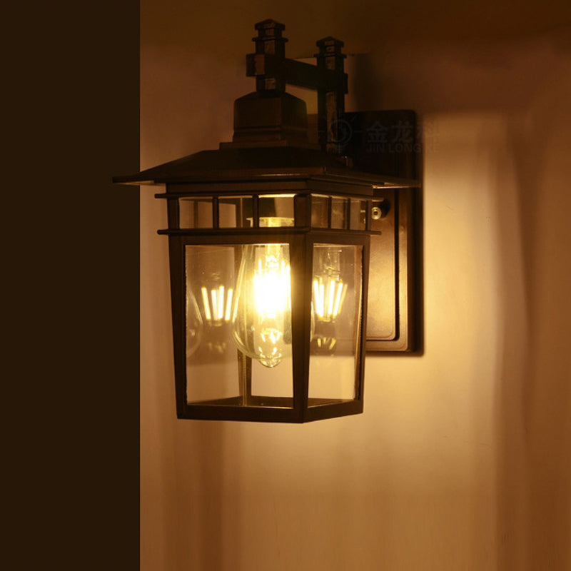 Siopsrl| Lantern Clear Glass Wall Hanging Lamp Industrial Single Bulb Veranda Wall Light in Black