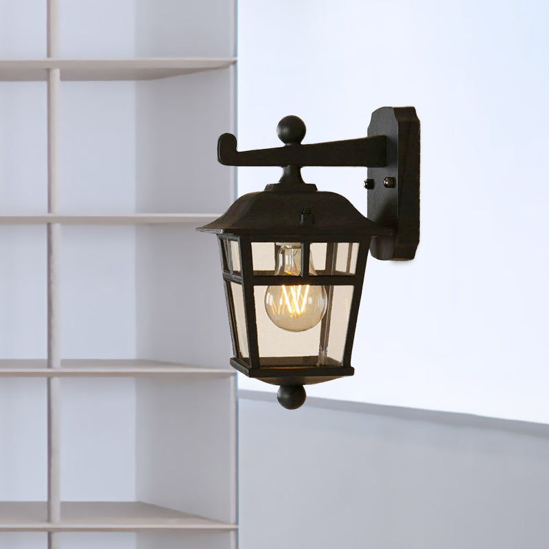 Siopsrl| Lantern Clear Glass Wall Hanging Lamp Industrial Single Bulb Veranda Wall Light in Black