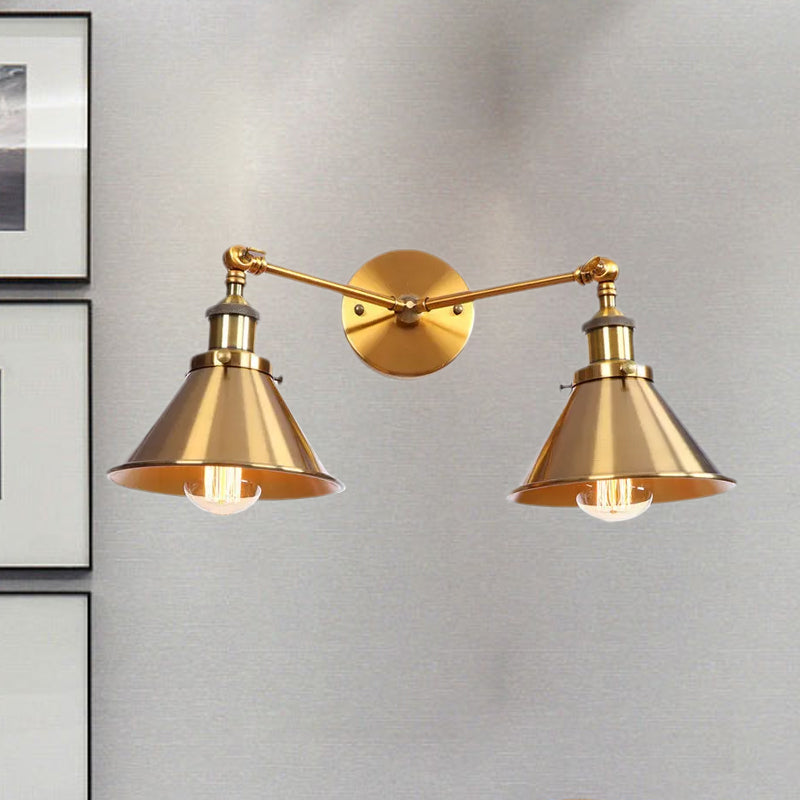 Siopsrl| Tapered Umbrella Iron Wall Mount Light Industrial Vintage 2 Heads Farmhouse Wall Mount Light in Black/Brass