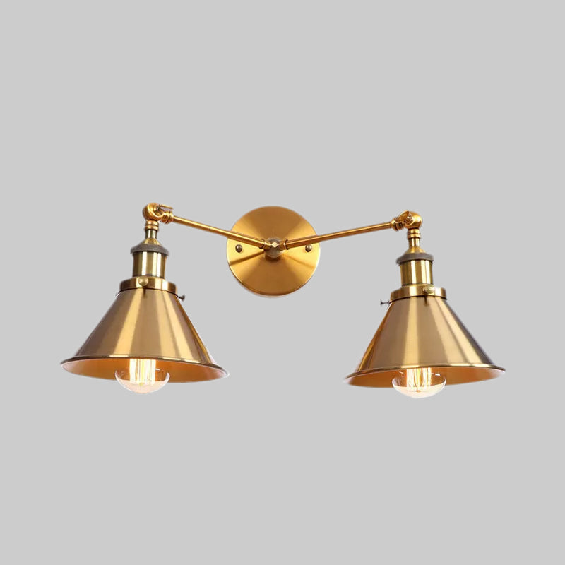 Siopsrl| Tapered Umbrella Iron Wall Mount Light Industrial Vintage 2 Heads Farmhouse Wall Mount Light in Black/Brass
