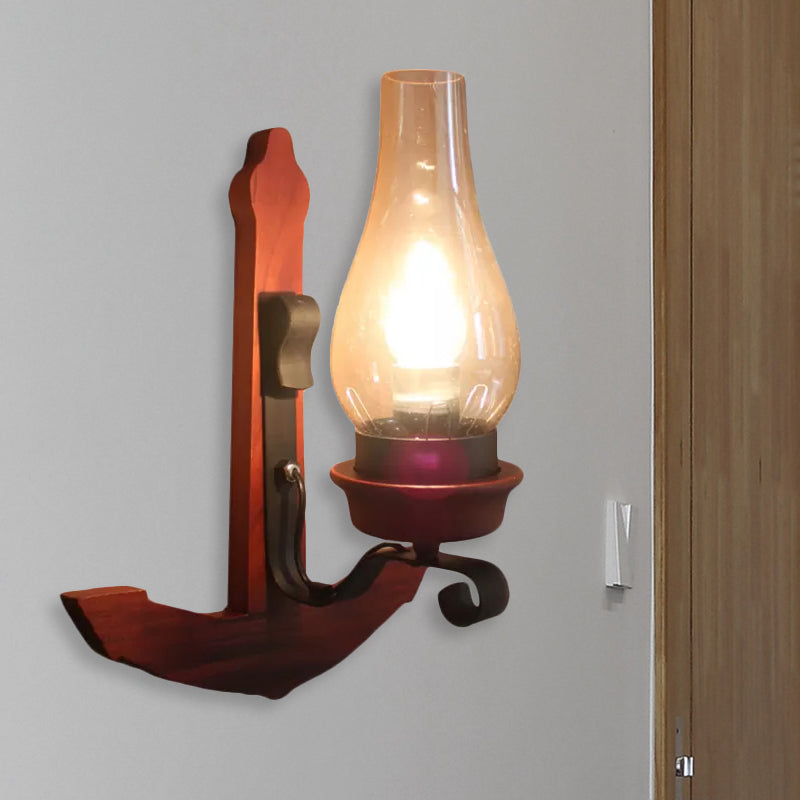 Siopsrl| Vase Porch Wall Lamp Light Fixture Industrial Clear Glass Red Colored Wall Lamp with Wooden Back Plate