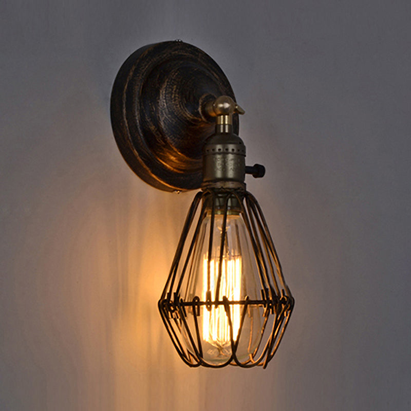 Siopsrl| 1 Light Bulb Wire Cage Wall Light Country House Style Stylish Antique Brass Wrought Iron Wall Light Lighting for Restaurant