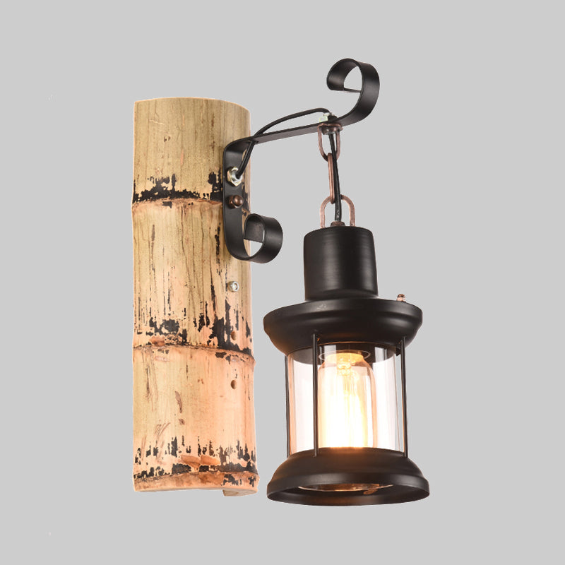 Siopsrl| A wall lamp with a clear glass lantern in industrial style, wall lamp for the dining room in black with a bamboo backplate