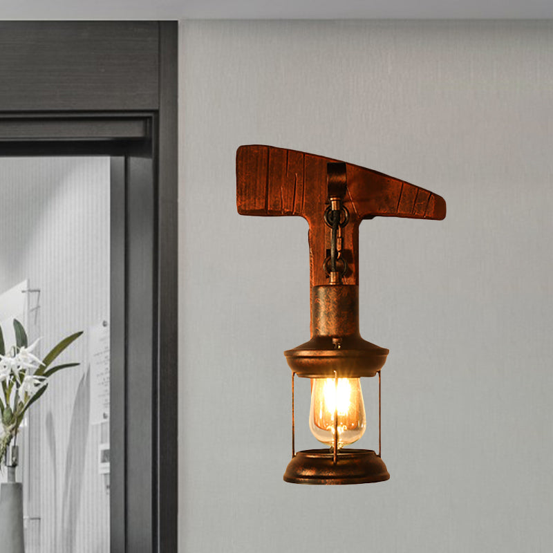 Siopsrl| Rust One-Light Wall Light Coastal Clear Glass Lantern Lighting Fixture with Wood Back Plate