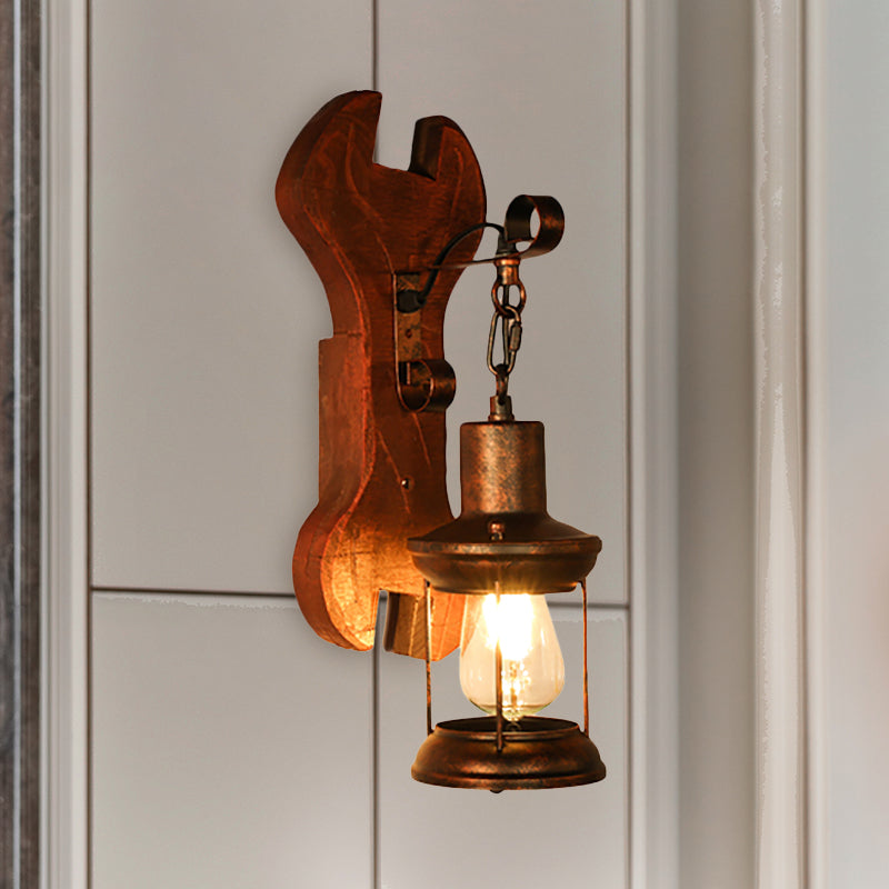 Siopsrl| Rust One-Light Wall Light Coastal Clear Glass Lantern Lighting Fixture with Wood Back Plate