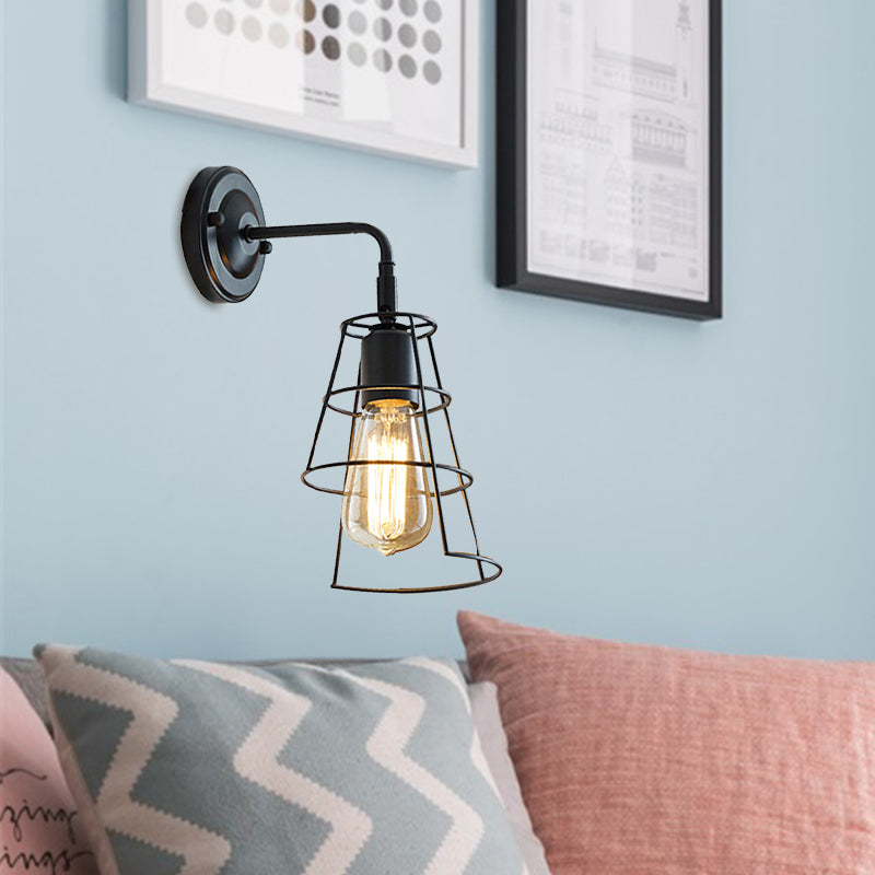 Siopsrl| Vintage Style Conic Cage Wall Lamp with Curved Arm 1 Light Metal Wall Lamp in Black/White