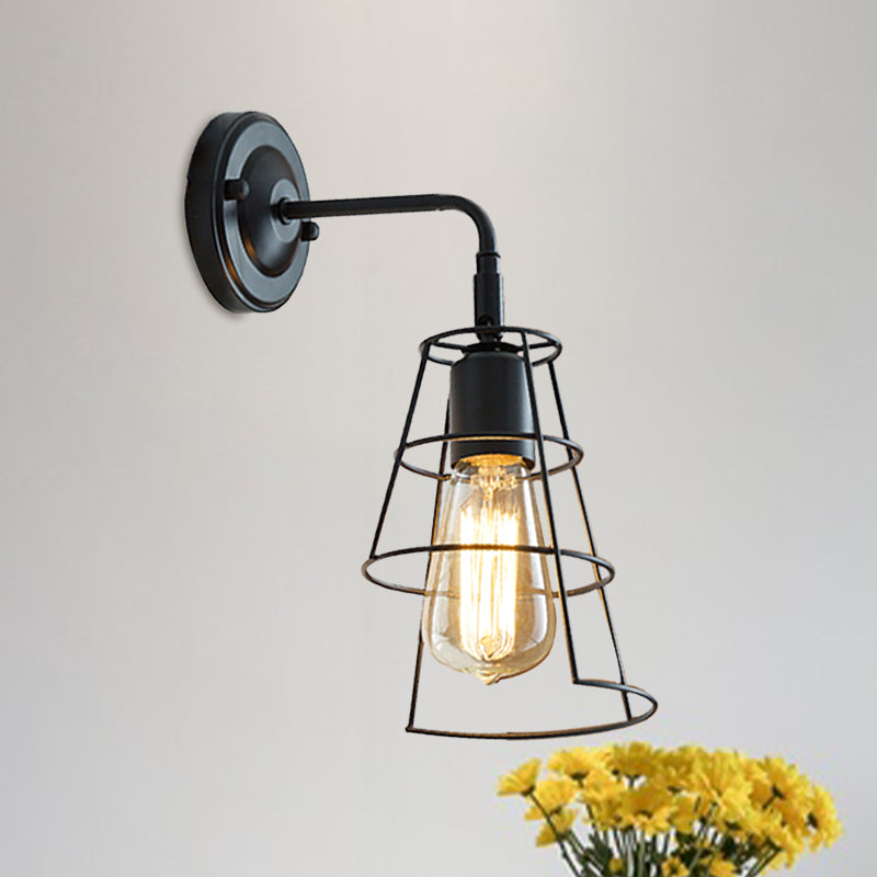 Siopsrl| Vintage Style Conic Cage Wall Lamp with Curved Arm 1 Light Metal Wall Lamp in Black/White