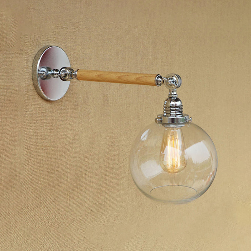 Siopsrl| Vintage Orb Wall Light Fixture 1 Lamp Clear Glass Wall Lamp in Chrome for Bathroom, 8"/4"/6" Wide Wooden Arm