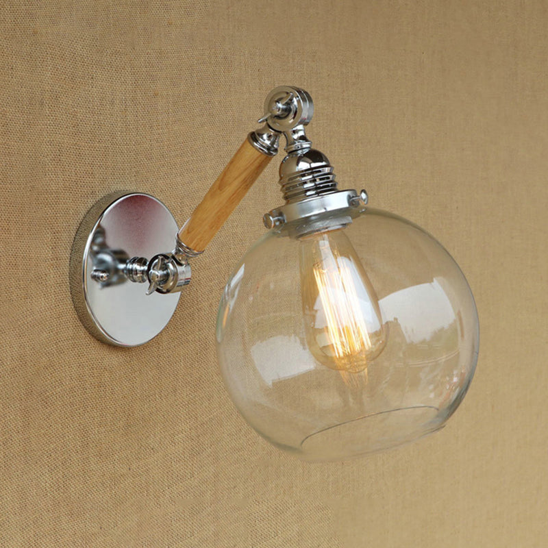 Siopsrl| Vintage Orb Wall Light Fixture 1 Lamp Clear Glass Wall Lamp in Chrome for Bathroom, 8"/4"/6" Wide Wooden Arm