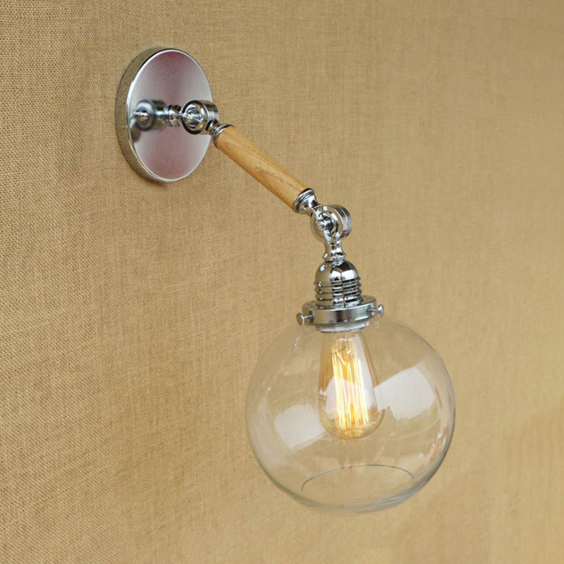 Siopsrl| Vintage Orb Wall Light Fixture 1 Lamp Clear Glass Wall Lamp in Chrome for Bathroom, 8"/4"/6" Wide Wooden Arm