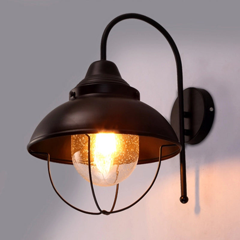 Siopsrl| Farmhouse Dome Wall Lamp 1 Light Metal Wall Lighting with Cage and Sawed Glass Shade in Black