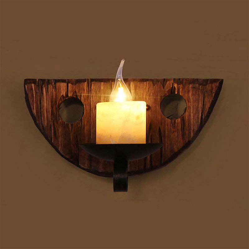 Siopsrl| Cylinder Coffee Shop Wall Light Fixture Artificial Marble 1 Light Brown Wall Lamp with Wood Semi-Cap/Base/Rectangle Base