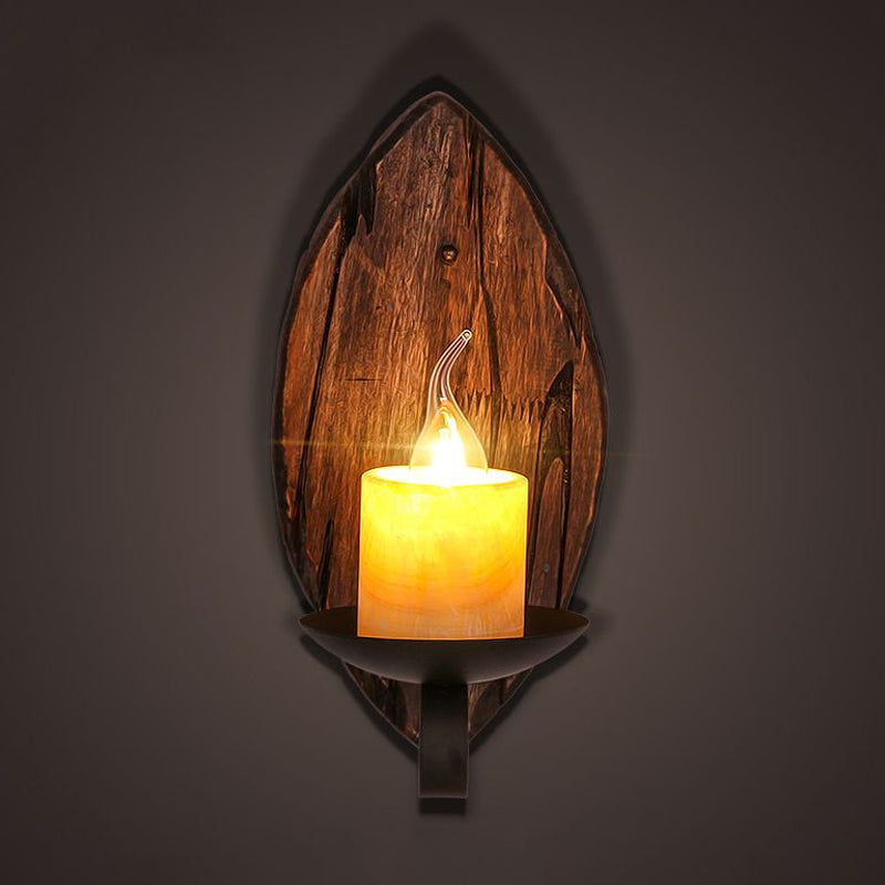Siopsrl| Cylinder Coffee Shop Wall Light Fixture Artificial Marble 1 Light Brown Wall Lamp with Wood Semi-Cap/Base/Rectangle Base