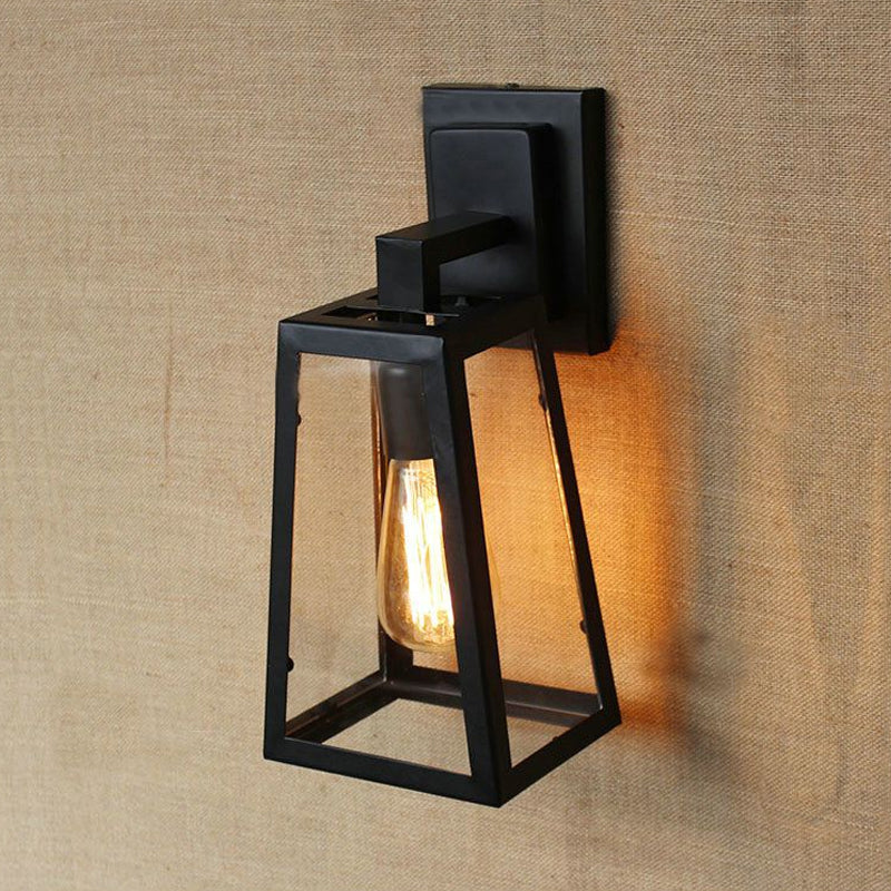 Siopsrl| 1 Bulb Trapezoidal Cage Wall Lamp Industrial Stylish Matt Black Metal Wall Mount Light for Living Room