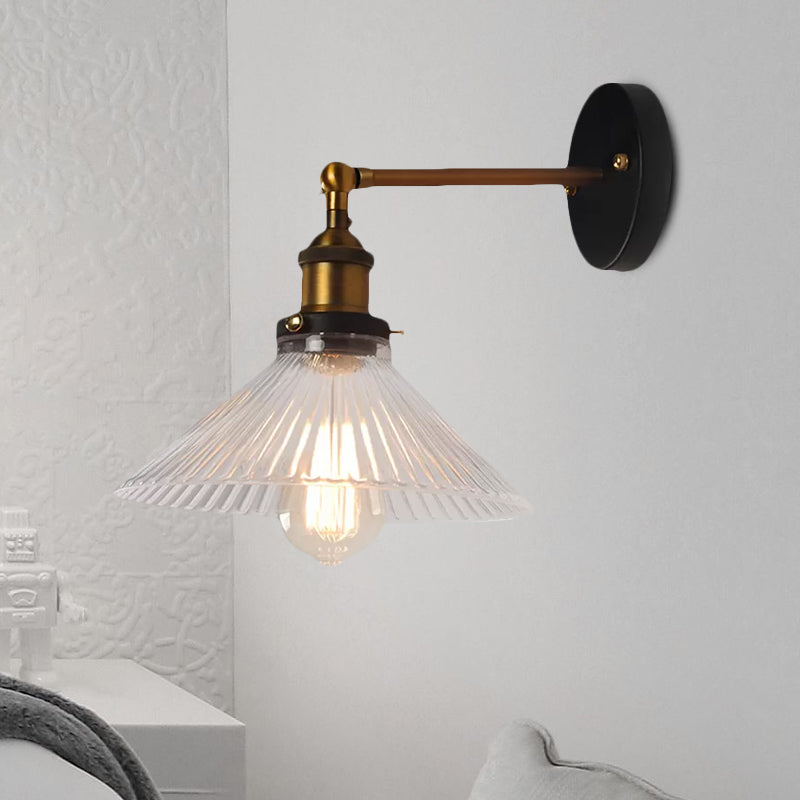 Siopsrl| Clear Ribbed Glass Cone/Flower Wall Lamp Industrial 1 Light Living Room Lighting Fixture in Brass for Dining Room