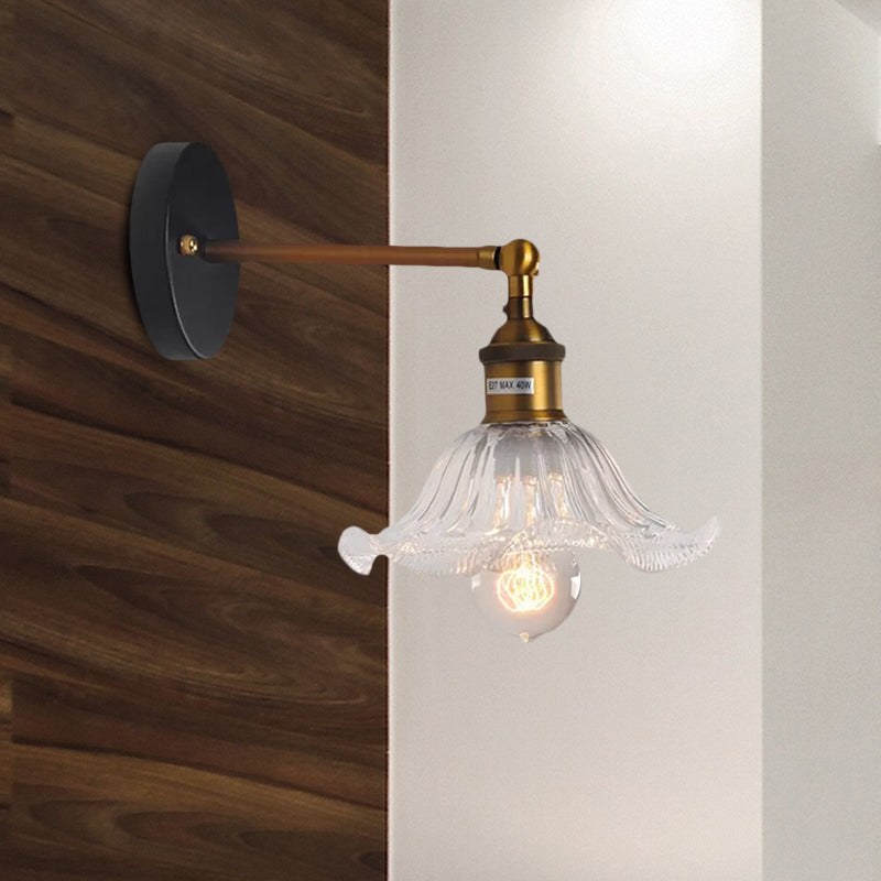 Siopsrl| Clear Ribbed Glass Cone/Flower Wall Lamp Industrial 1 Light Living Room Lighting Fixture in Brass for Dining Room