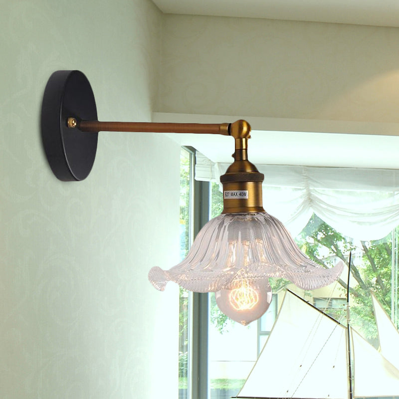 Siopsrl| Clear Ribbed Glass Cone/Flower Wall Lamp Industrial 1 Light Living Room Lighting Fixture in Brass for Dining Room