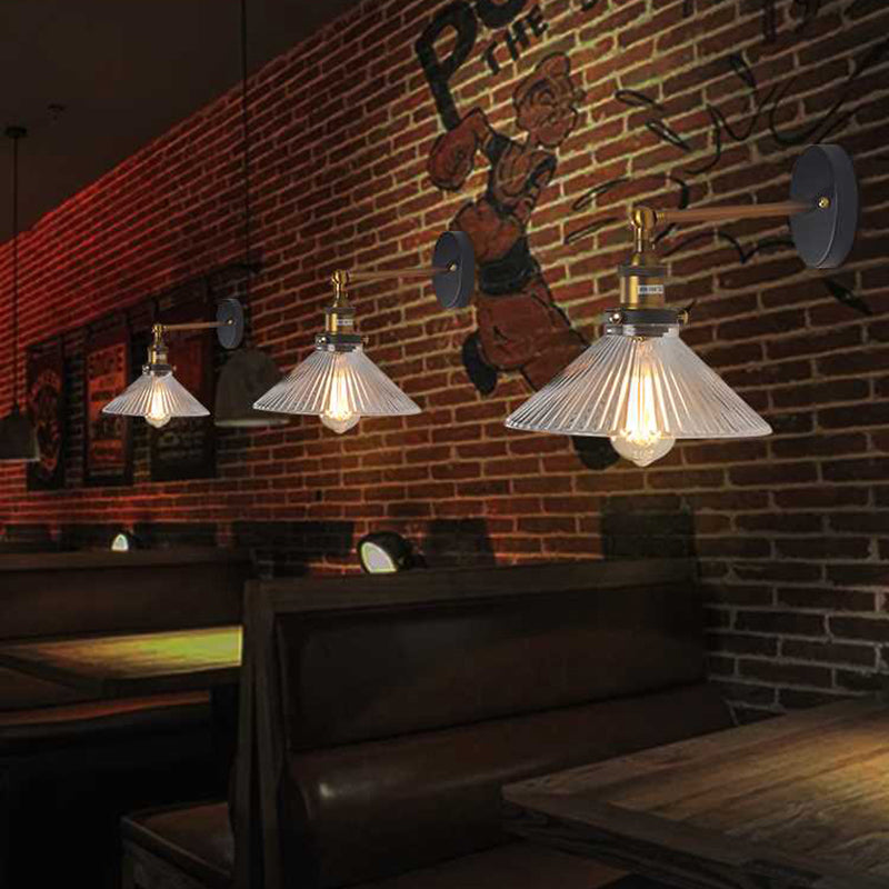 Siopsrl| Clear Ribbed Glass Cone/Flower Wall Lamp Industrial 1 Light Living Room Lighting Fixture in Brass for Dining Room
