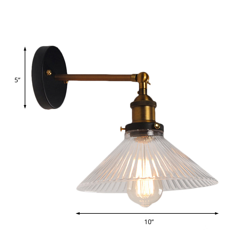 Siopsrl| Clear Ribbed Glass Cone/Flower Wall Lamp Industrial 1 Light Living Room Lighting Fixture in Brass for Dining Room