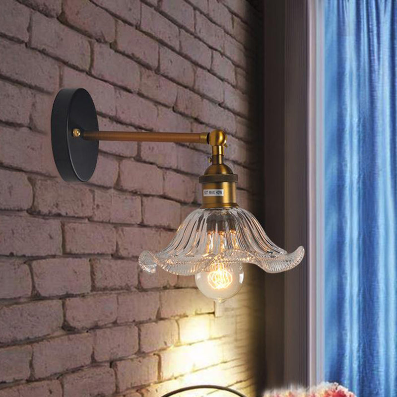 Siopsrl| Clear Ribbed Glass Cone/Flower Wall Lamp Industrial 1 Light Living Room Lighting Fixture in Brass for Dining Room