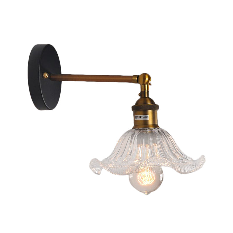 Siopsrl| Clear Ribbed Glass Cone/Flower Wall Lamp Industrial 1 Light Living Room Lighting Fixture in Brass for Dining Room
