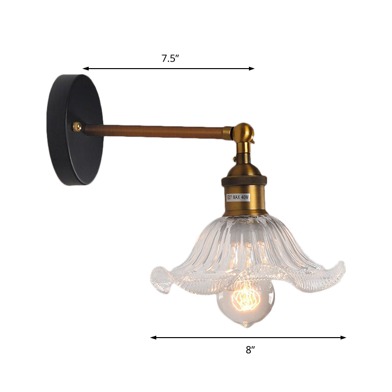 Siopsrl| Clear Ribbed Glass Cone/Flower Wall Lamp Industrial 1 Light Living Room Lighting Fixture in Brass for Dining Room