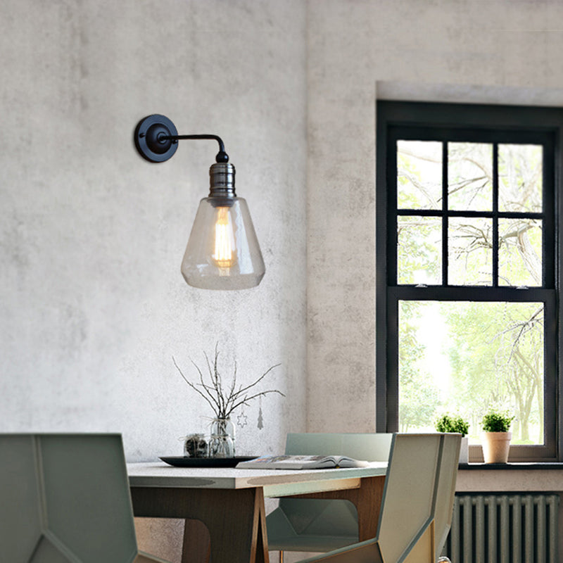 Siopsrl| Rustic Style Tapered Shade Wall Lighting Fixture Single Gloss Clear Glass Wall Lamp in Black for Kitchen