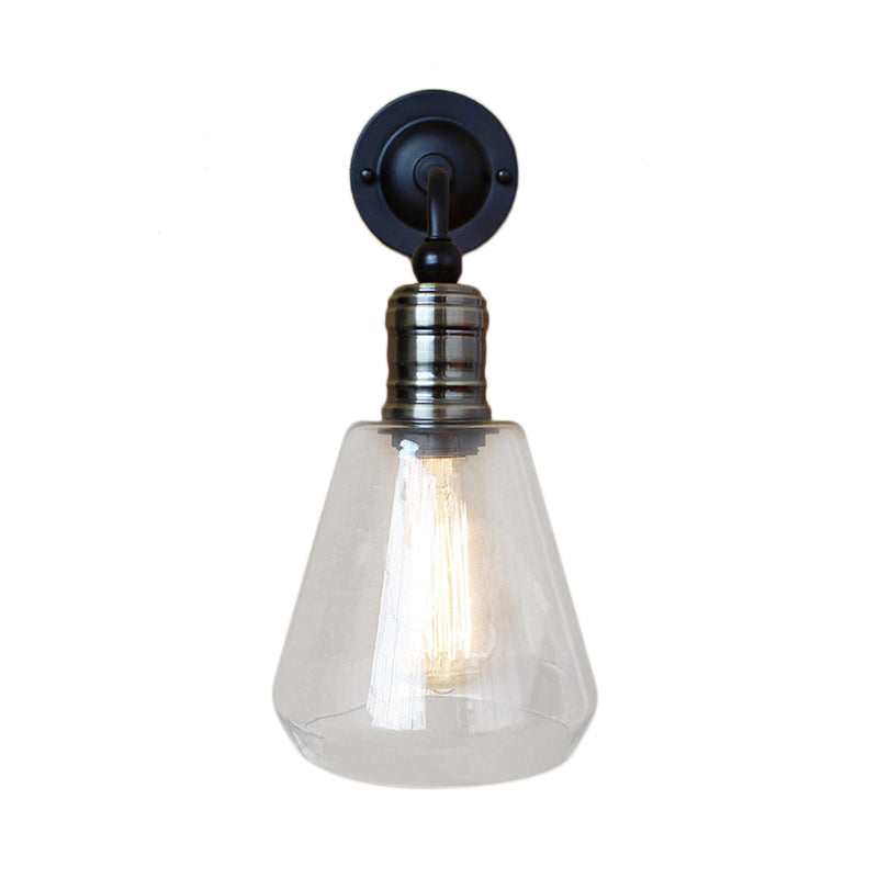 Siopsrl| Rustic Style Tapered Shade Wall Lighting Fixture Single Gloss Clear Glass Wall Lamp in Black for Kitchen