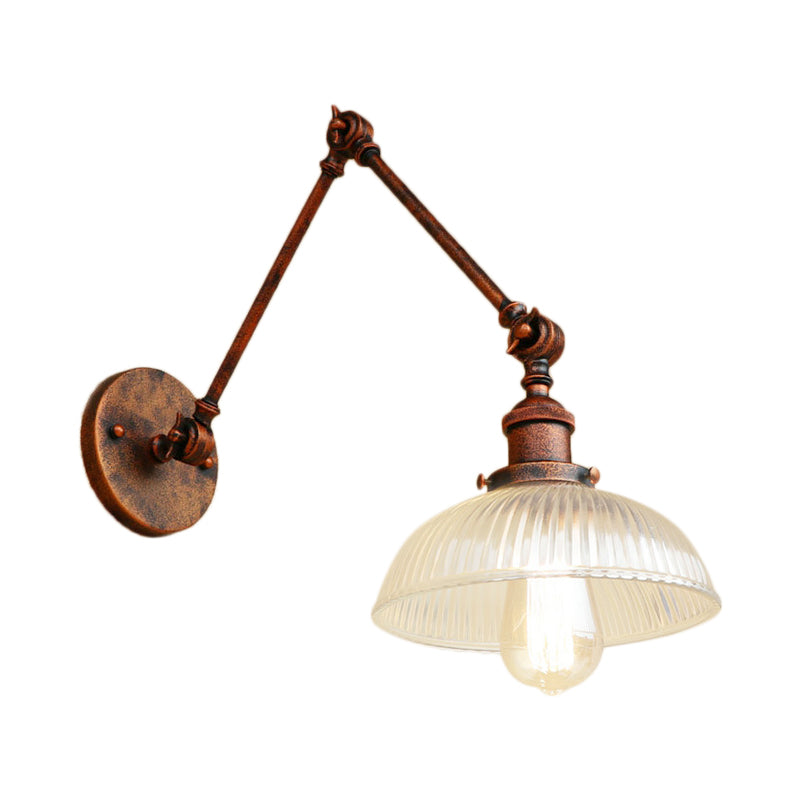 Siopsrl| 1 Light Ribbed Glass Wall Lamp Light Industrial Antique Brass/Black/Rust Dome Living Room Lighting Fixture with Swing Arm