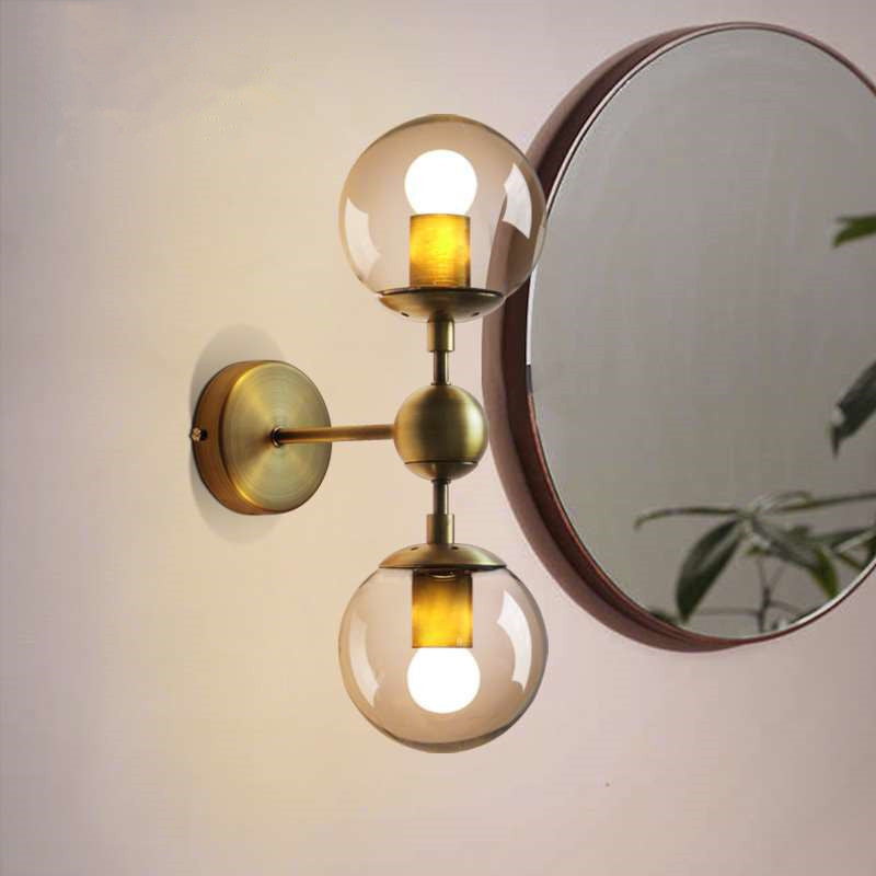 Siopsrl| 1/2-Head Global Wall Mount Light with Amber Glass Shade Modernist Wall Lamp Lighting in Gold for Bedroom