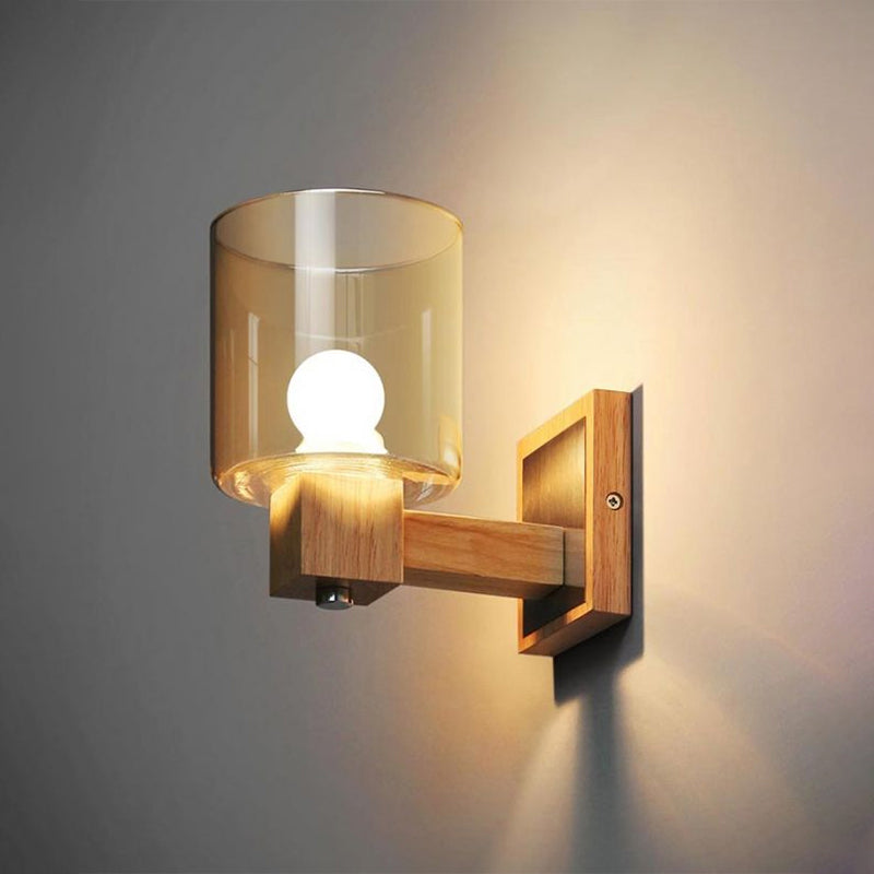 Siopsrl| Cognac Glass Cylinder Wall Lamp Nordic Style 1 Light Mini Wall Sconce Made of Wood