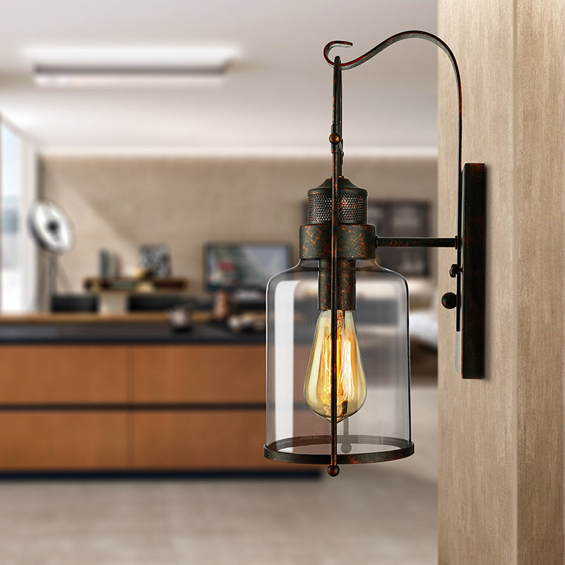 Siopsrl| Cylinder clear glass wall-mounted lamp industrial single bulb living room wall sconce in black/white/rust with cage