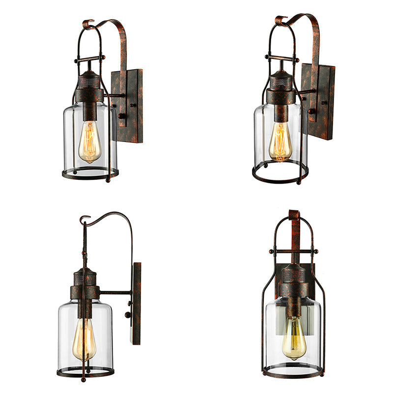 Siopsrl| Cylinder clear glass wall-mounted lamp industrial single bulb living room wall sconce in black/white/rust with cage