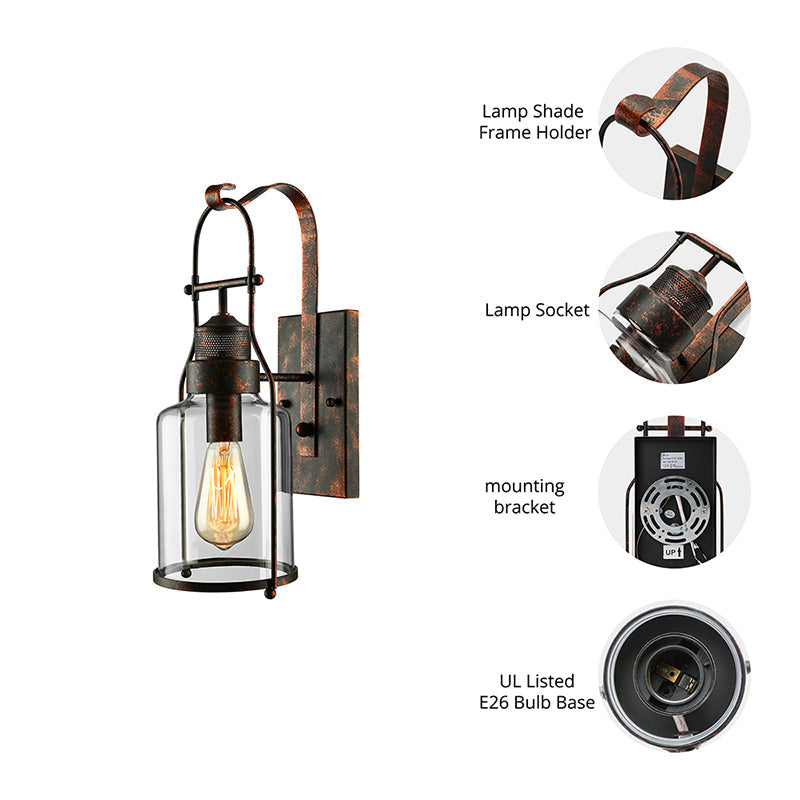 Siopsrl| Cylinder clear glass wall-mounted lamp industrial single bulb living room wall sconce in black/white/rust with cage